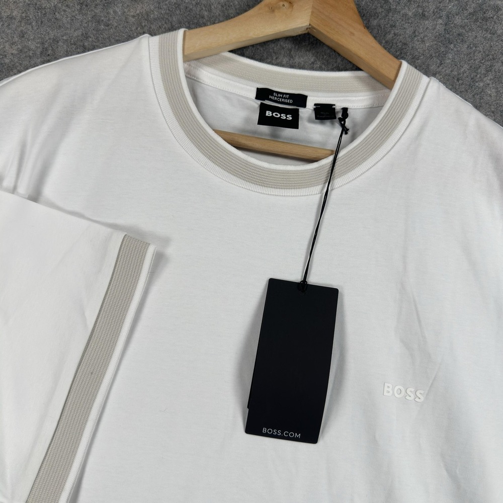 HUGO BOSS Shirt Mens 2XL White Slim Fit Mercerised Logo Contrast Trim Crew Neck